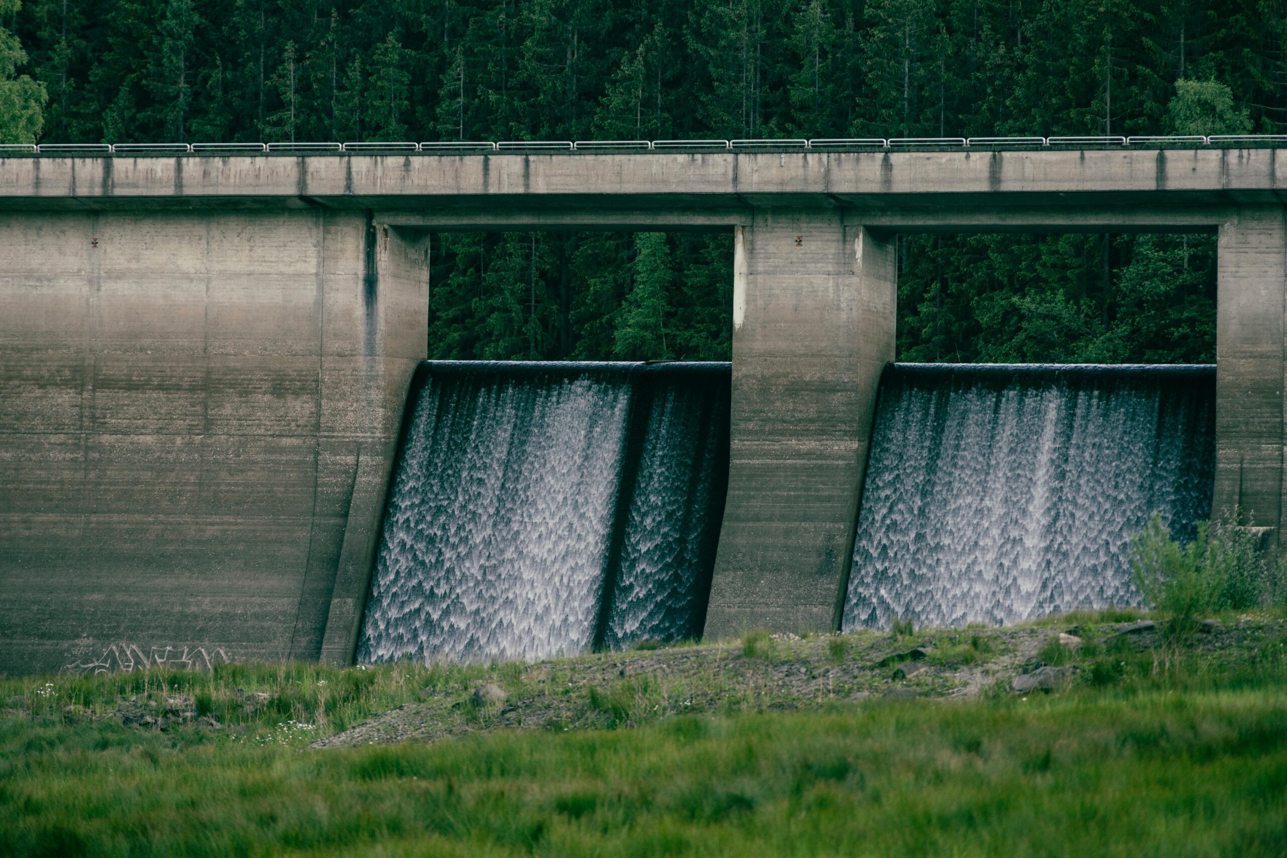 Concrete dam with flowing water surrounded by lush greenery, showcasing nature and engineering.